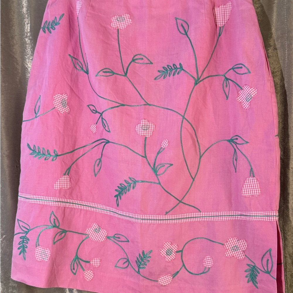 Elegant Pink linen Floral Gingham Embroidered Midi Skirt